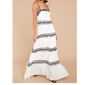 NWT White Tiered Maxi Dress with Pom-Pom Details
